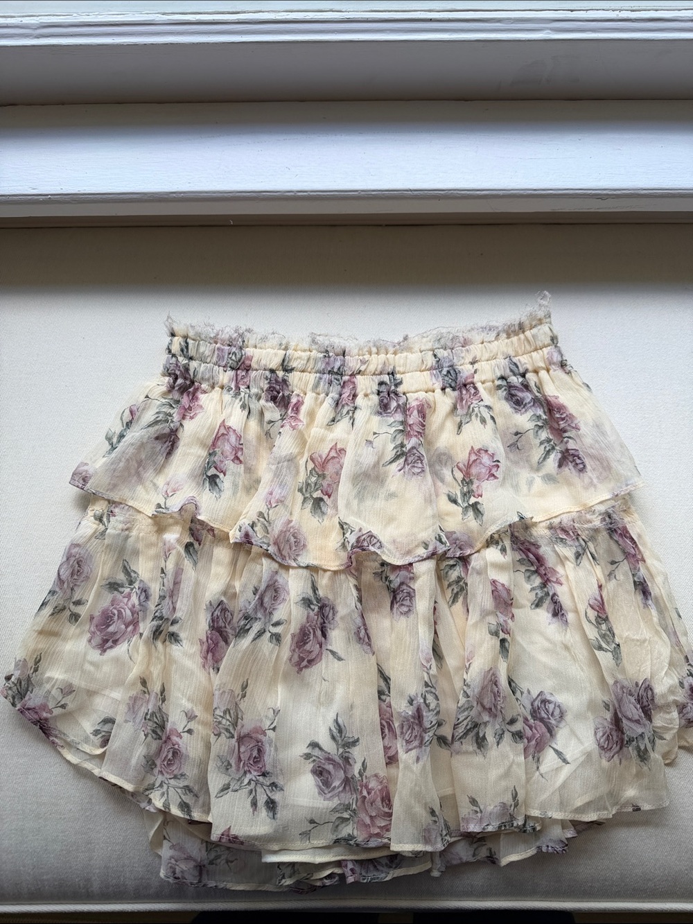 LoveShackFancy Cream Floral Tiered Ruffle Skirt with Pink Roses